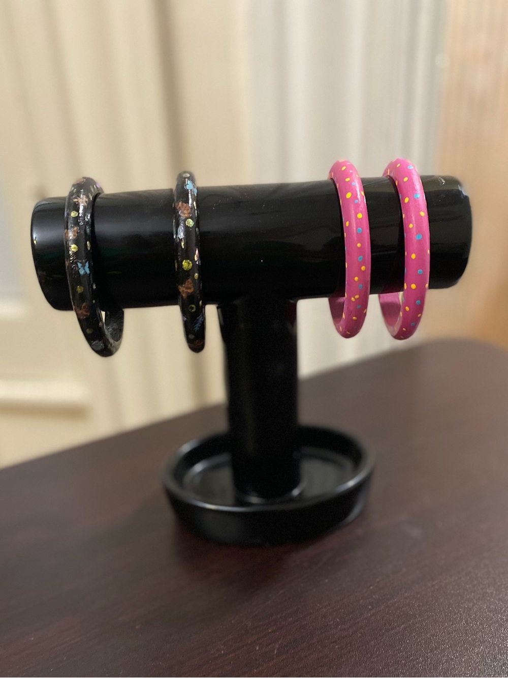 Hand-Painted Pink and Black Bangle Bracelet Set with Polka Dots & Butterflies